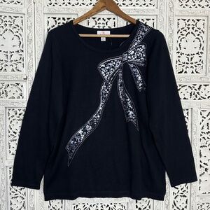 Quacker Factory NWT Silver Sequin Bow Long Sleeve Black Lightweight Sweater Sz M